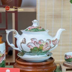 Bộ Ấm Chén Queen Trắng Hoa Sen Xanh Đắp Nổi Vẽ Vàng