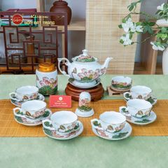 Bộ Ấm Chén Queen Trắng Hoa Sen Xanh Đắp Nổi Vẽ Vàng