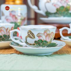 Bộ Ấm Chén Queen Trắng Hoa Sen Xanh Đắp Nổi Vẽ Vàng