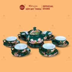 Bộ Ấm Chén Queen Xanh Lá Hoa Sen Đắp Nổi Vẽ Vàng