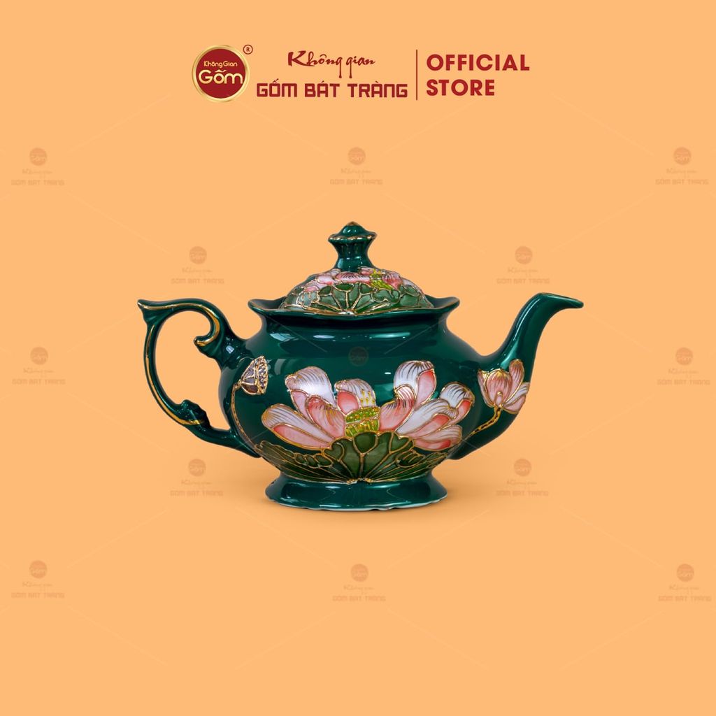 Bộ Ấm Chén Queen Xanh Lá Hoa Sen Đắp Nổi Vẽ Vàng