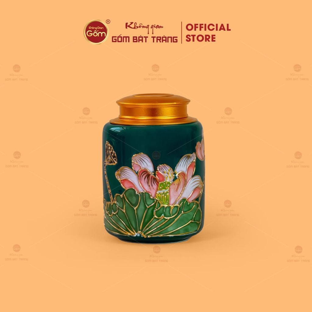 Bộ Ấm Chén Queen Xanh Lá Hoa Sen Đắp Nổi Vẽ Vàng