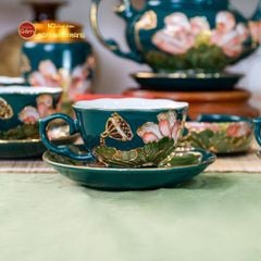 Bộ Ấm Chén Queen Xanh Lá Hoa Sen Đắp Nổi Vẽ Vàng