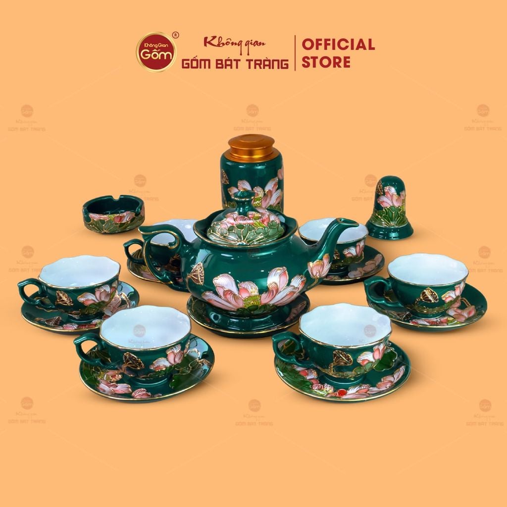 Bộ Ấm Chén Queen Xanh Lá Hoa Sen Đắp Nổi Vẽ Vàng