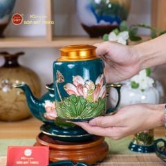 Bộ Ấm Chén Queen Xanh Lá Hoa Sen Đắp Nổi Vẽ Vàng