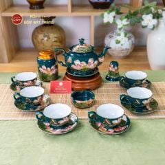 Bộ Ấm Chén Queen Xanh Lá Hoa Sen Đắp Nổi Vẽ Vàng