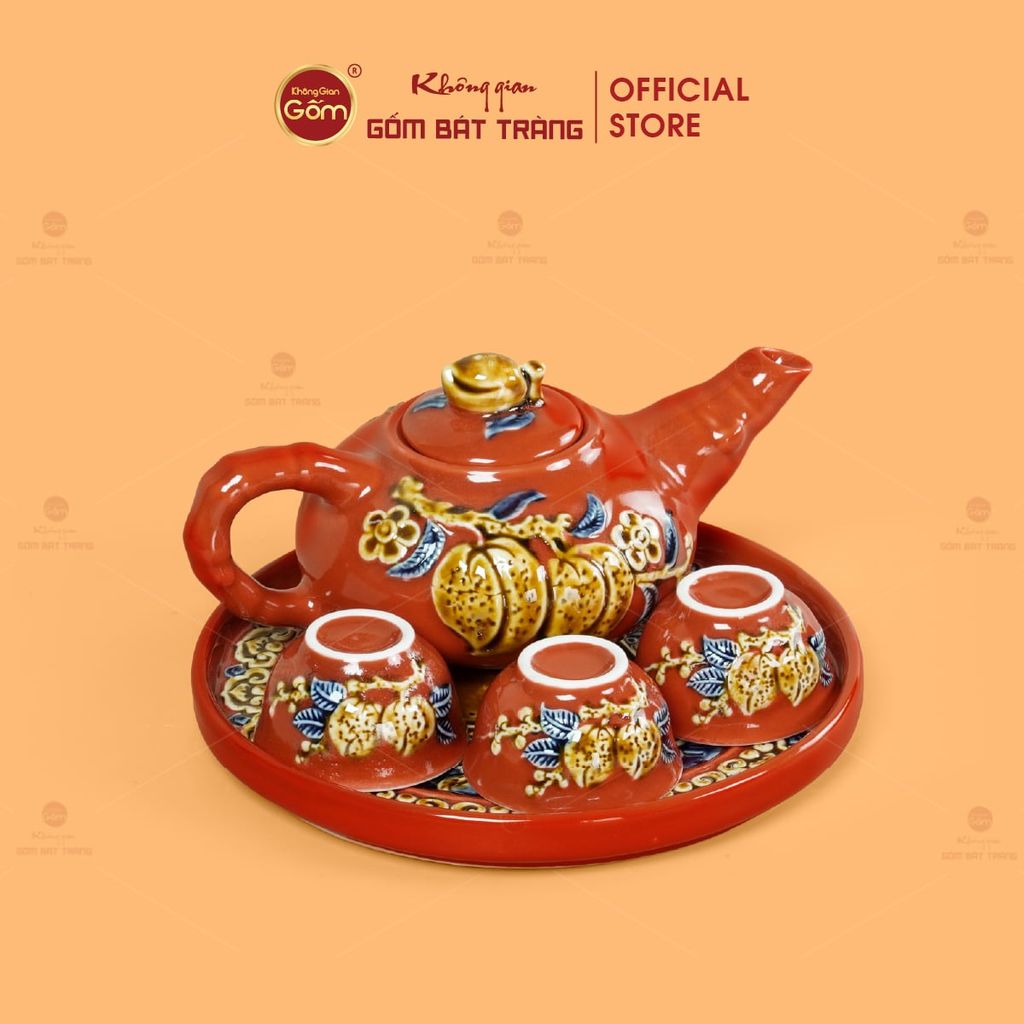 Bộ Ấm 3 Chén Thờ Men Đỏ Họa Tiết Cành Đào
