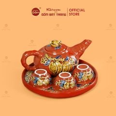 Bộ Ấm 3 Chén Thờ Men Đỏ Họa Tiết Cành Đào