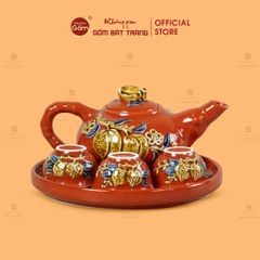 Bộ Ấm 3 Chén Thờ Men Đỏ Họa Tiết Cành Đào