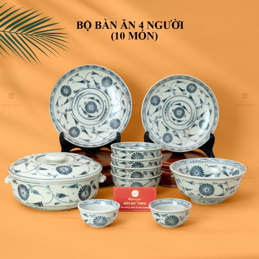 Bộ Bát Đĩa Bát Tràng Men Rạn Vẽ Cúc Đen