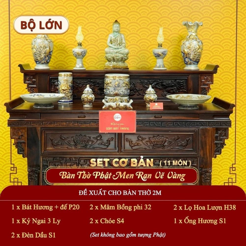 [Set Cơ Bản] Bộ Đồ Thờ Phật Men Rạn Vẽ Vàng (11 món)