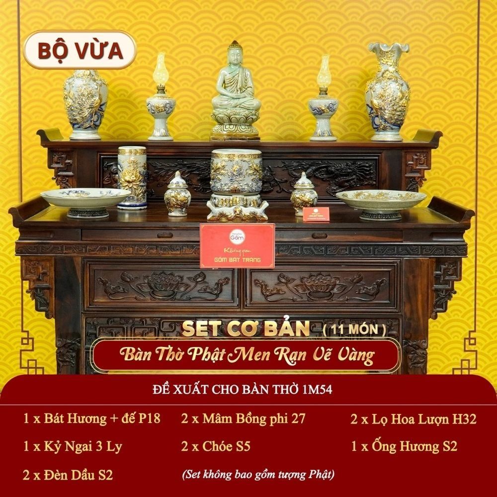[Set Cơ Bản] Bộ Đồ Thờ Phật Men Rạn Vẽ Vàng (11 món)