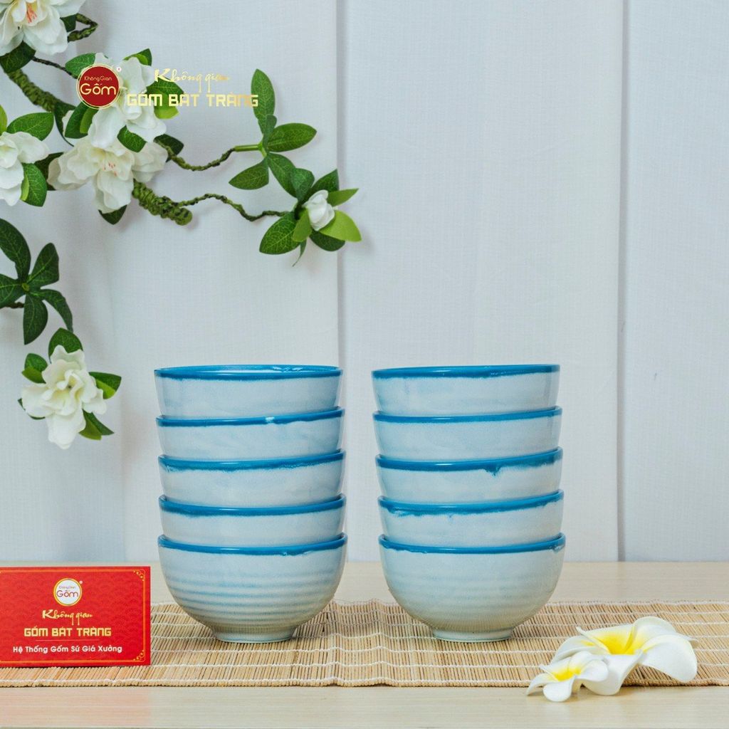 Bộ Bát Đĩa Bát Tràng Men Biển Xanh Cát Trắng