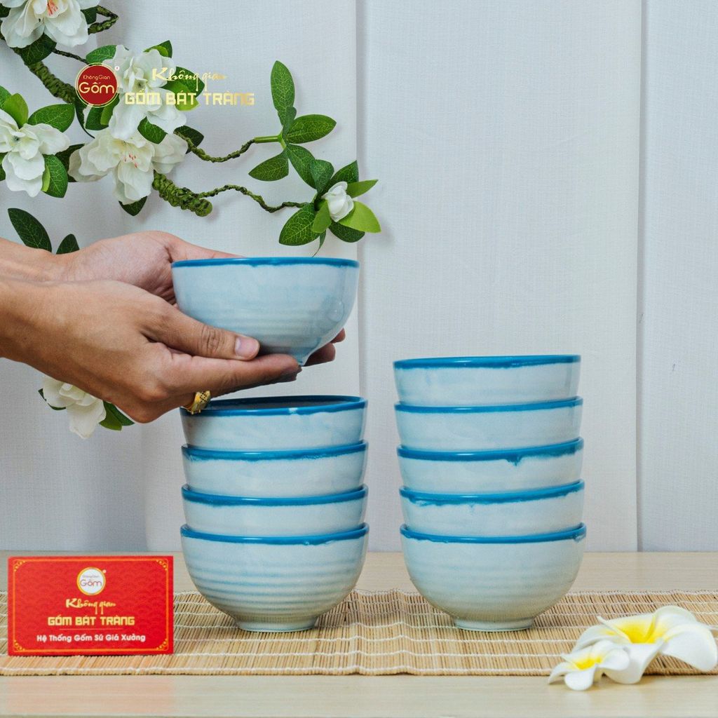 Bộ Bát Đĩa Bát Tràng Men Biển Xanh Cát Trắng