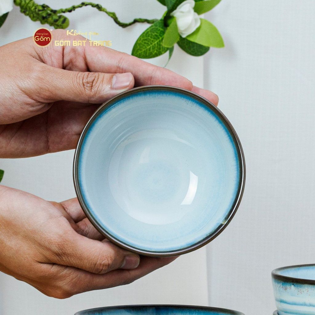 Bộ Bát Đĩa Bát Tràng Men Biển Xanh Kim Sa