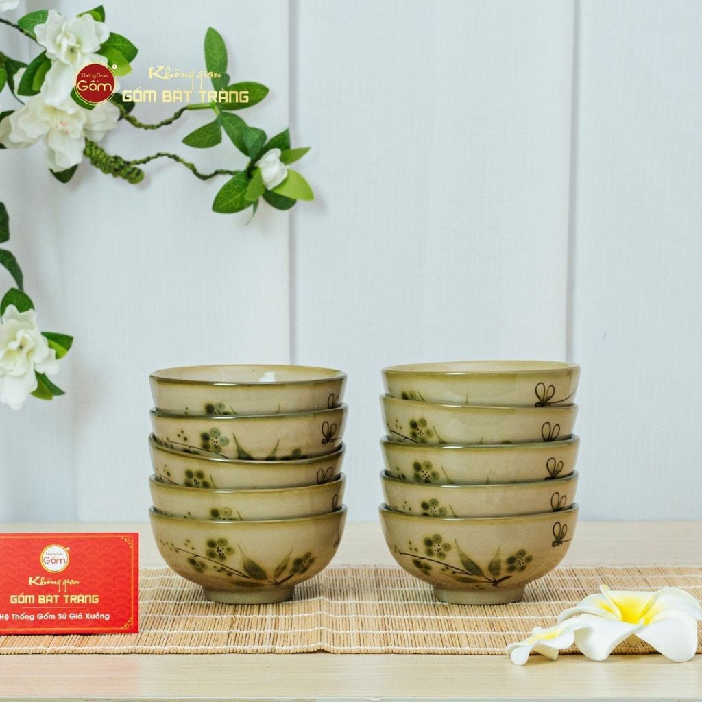 Bộ Bát Cơm Men Kem Hoa Đào Chuồn