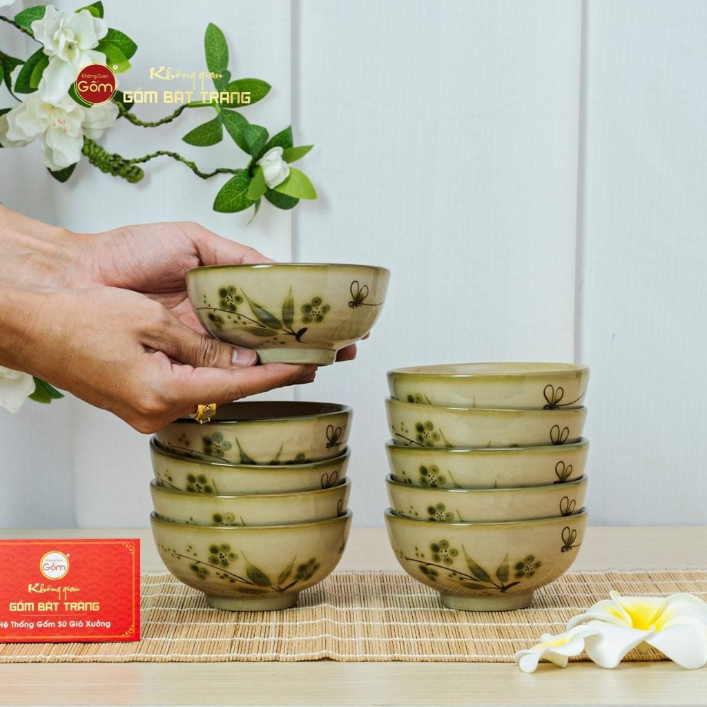 Bộ Bát Đĩa Bát Tràng Men Kem Đào Chuồn