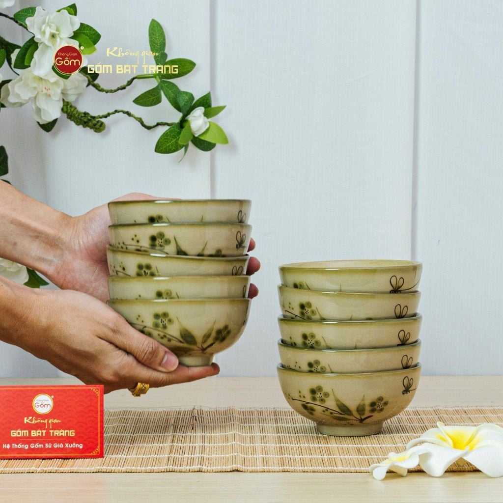 Bộ Bát Đĩa Bát Tràng Men Kem Đào Chuồn