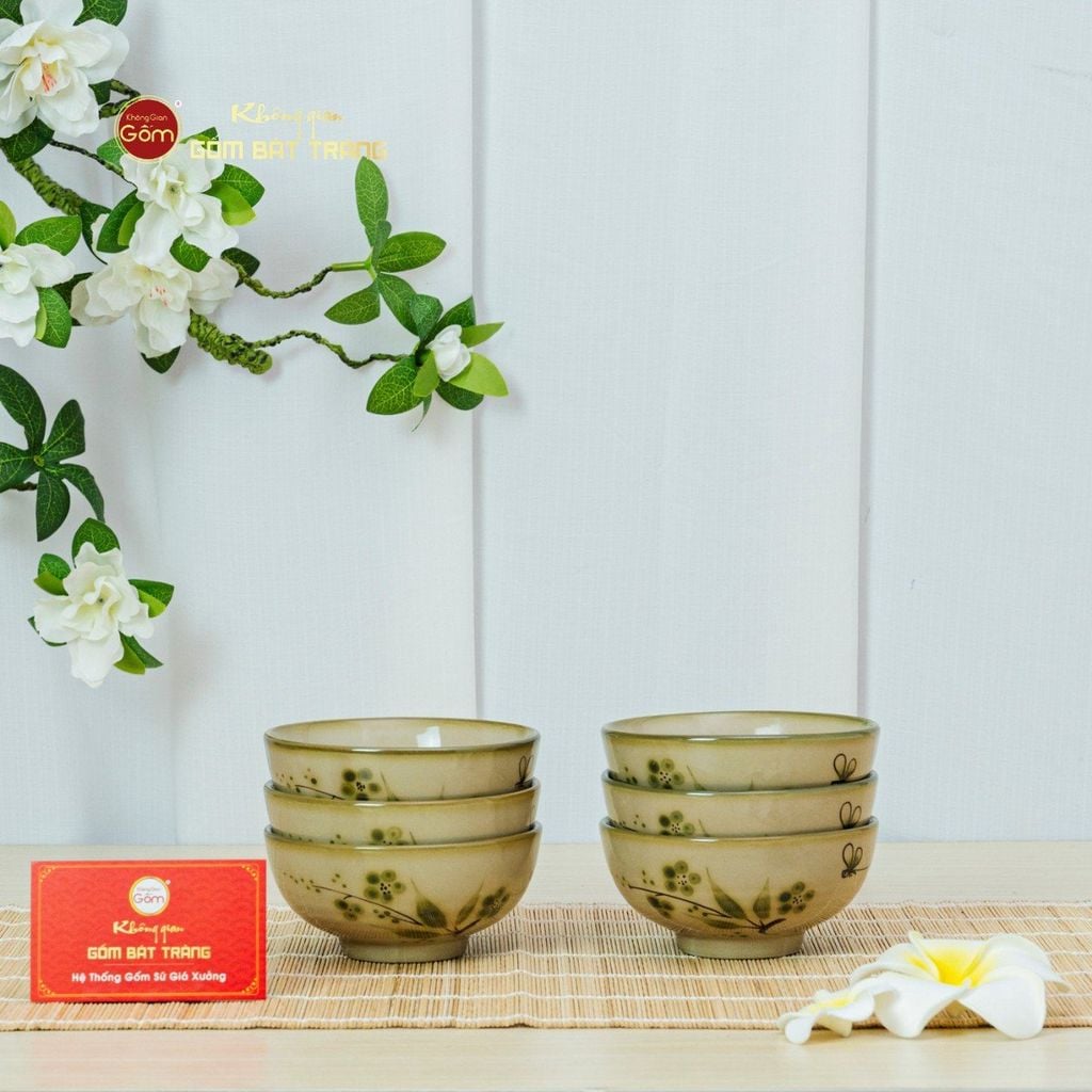 Bộ Bát Cơm Men Kem Hoa Đào Chuồn