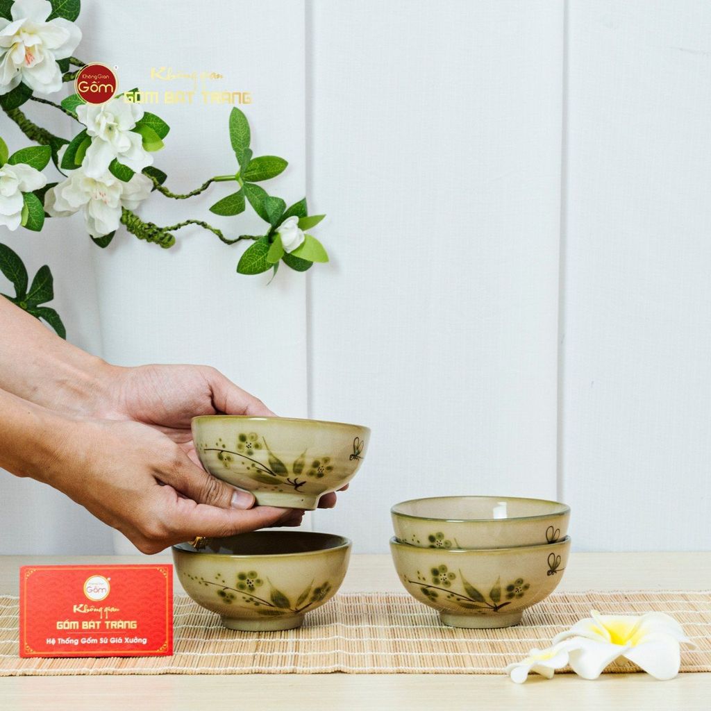 Bộ Bát Cơm Men Kem Hoa Đào Chuồn