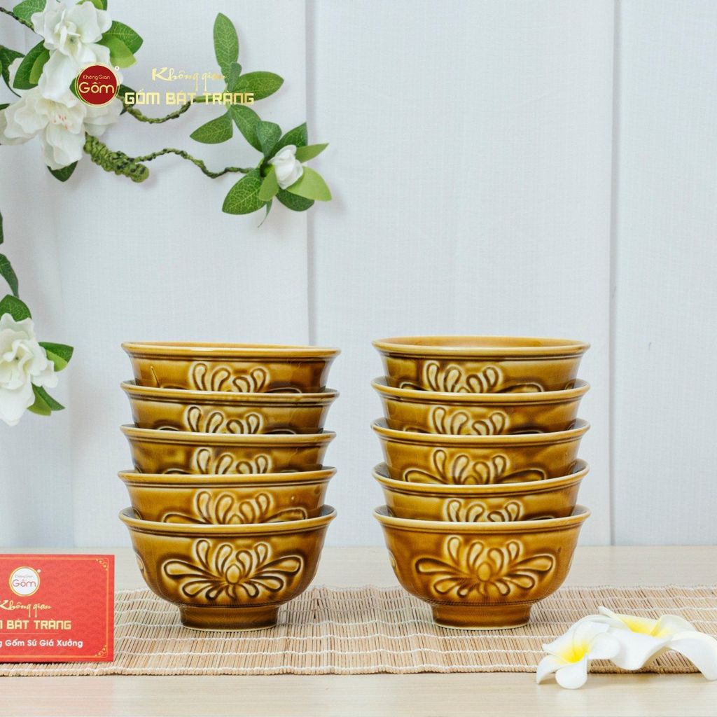 Bộ Bát Cơm Men Nâu Vân Hoa Cúc