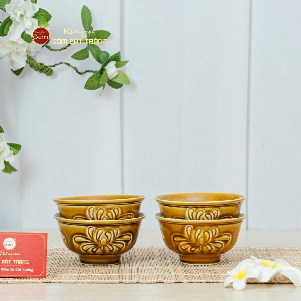 Bộ Bàn Ăn 4 Người (9 Món) Men Nâu Vân Hoa Cúc