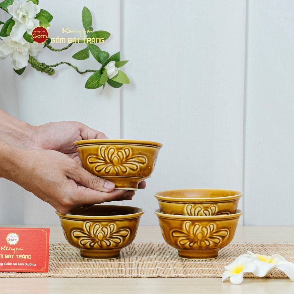Bộ Bát Cơm Men Nâu Vân Hoa Cúc
