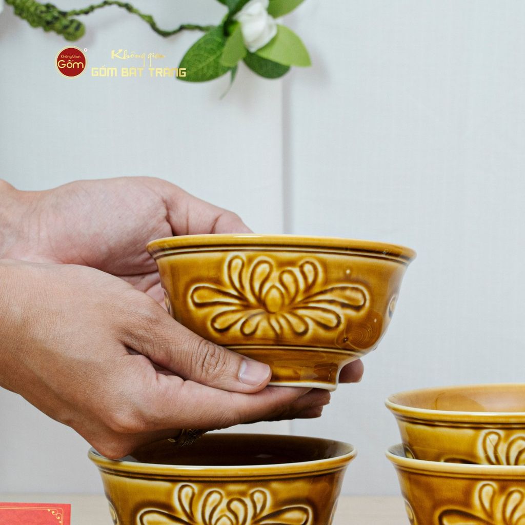 Bộ Bát Cơm Men Nâu Vân Hoa Cúc