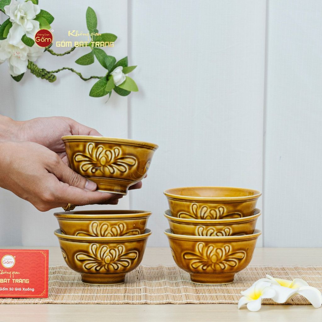Bộ Bát Cơm Men Nâu Vân Hoa Cúc