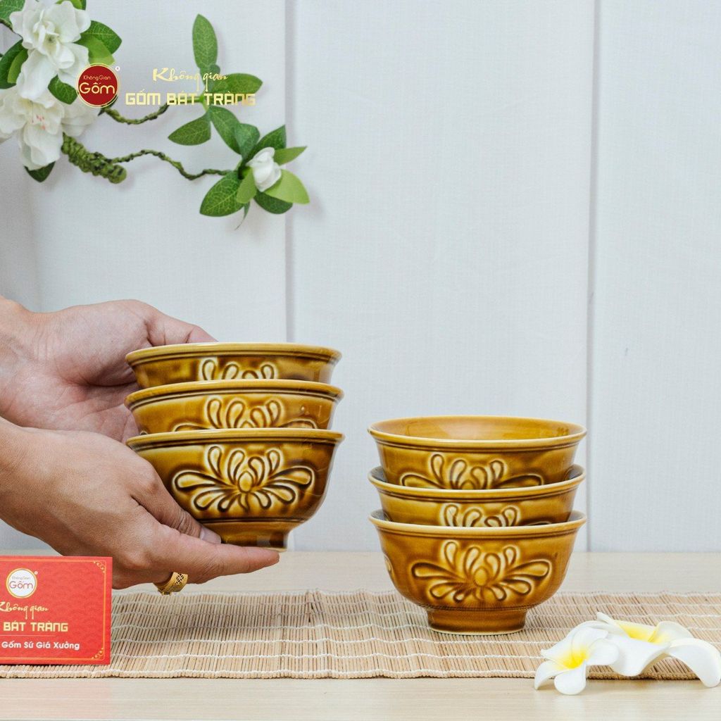 Bộ Bát Cơm Men Nâu Vân Hoa Cúc