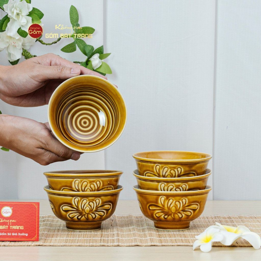 Bộ Bát Cơm Men Nâu Vân Hoa Cúc