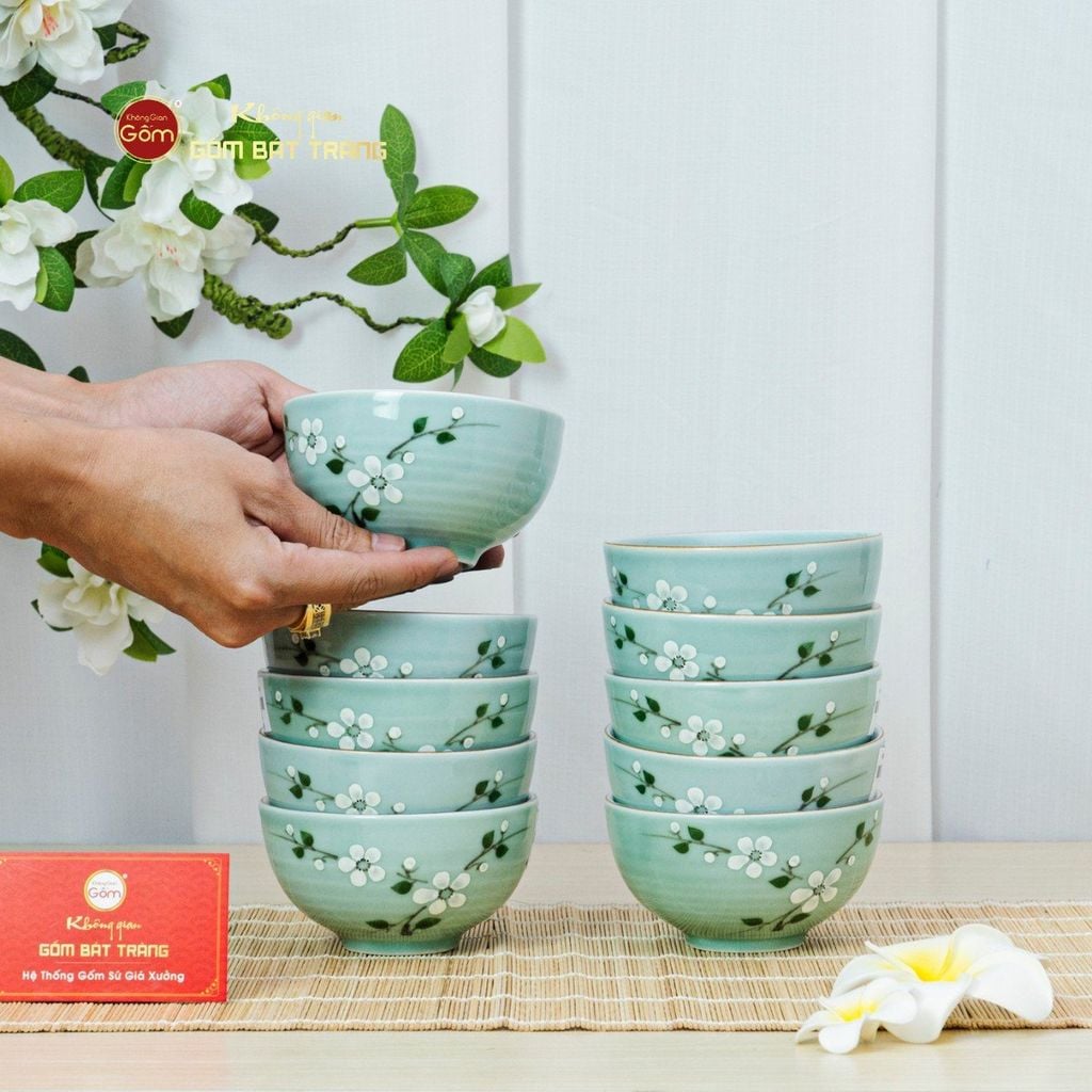 Bộ Bát Cơm Men Ngọc Hoa Đào Trắng