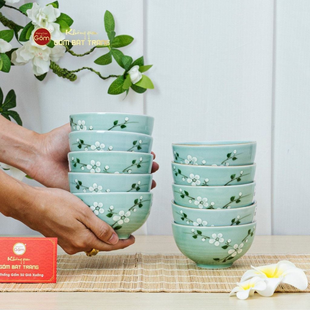 Bộ Bát Đĩa Bát Tràng Men Ngọc Hoa Đào Trắng