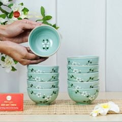 Bộ Bát Đĩa Bát Tràng Men Ngọc Hoa Đào Trắng