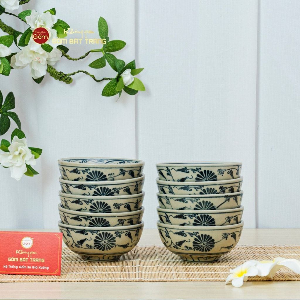 Bộ Bát Đĩa Bát Tràng Men Rạn Vẽ Cúc Đen