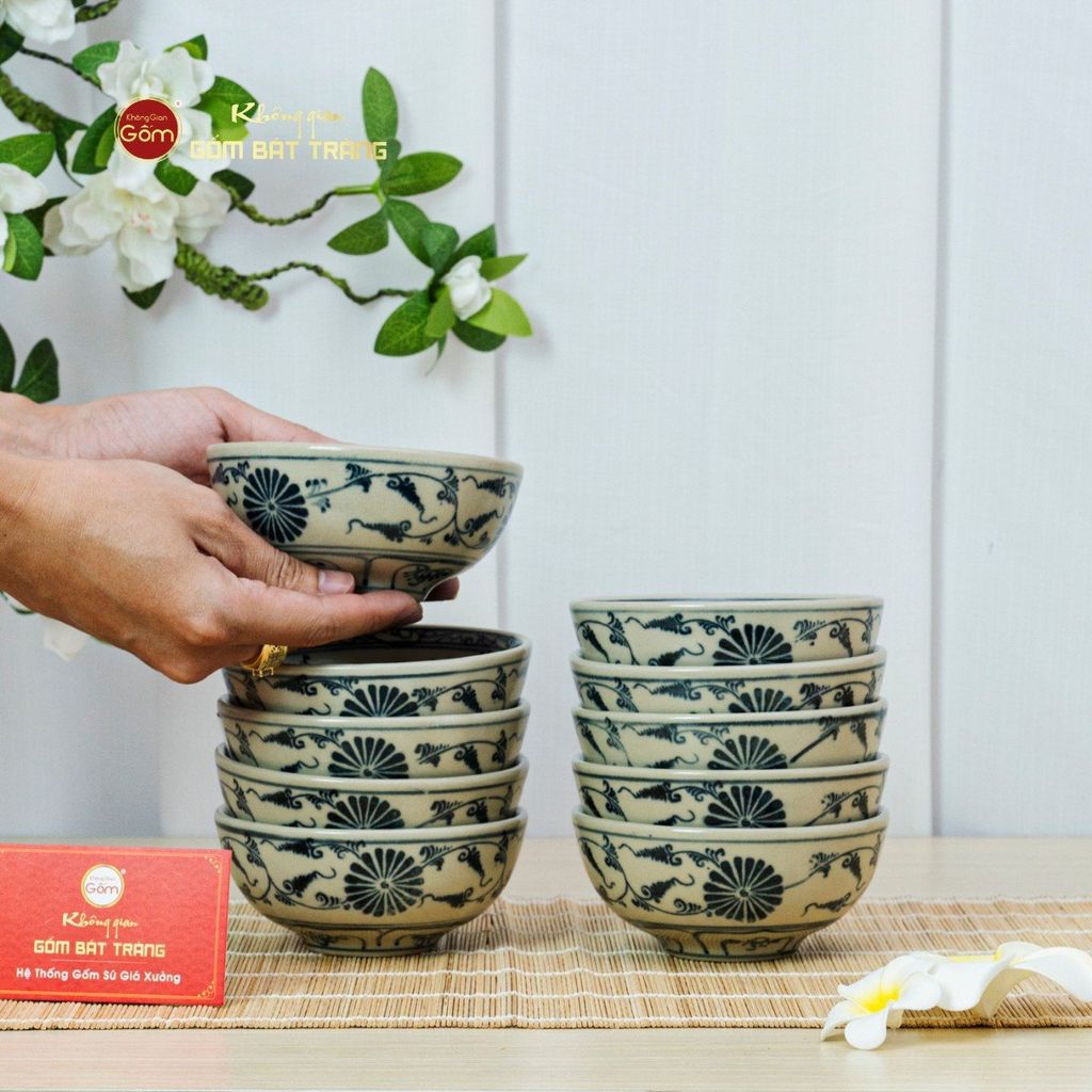 Bộ Bát Cơm Men Rạn Vẽ Cúc Đen