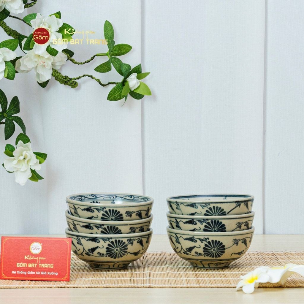 Bộ Bàn Ăn 6 Người (12 món) Men Rạn Vẽ Cúc Đen