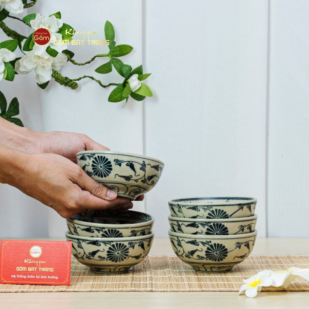 Bộ Bàn Ăn 6 Người (12 món) Men Rạn Vẽ Cúc Đen