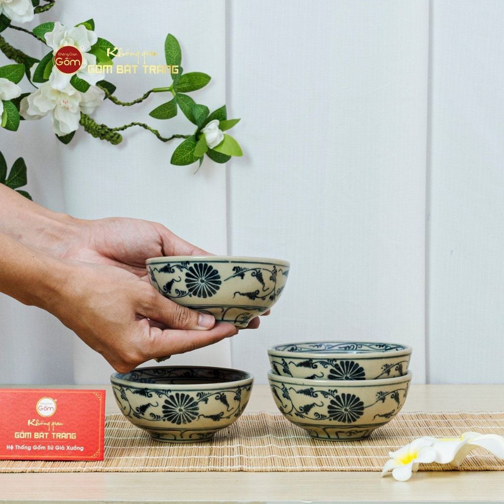 Bộ Bàn Ăn 4 Người (10 món) Men Rạn Vẽ Cúc Đen