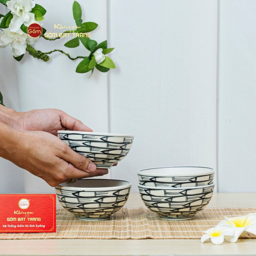 Bộ Bàn Ăn 4 Người (10 món) Men Trắng Vẽ Cá Đàn