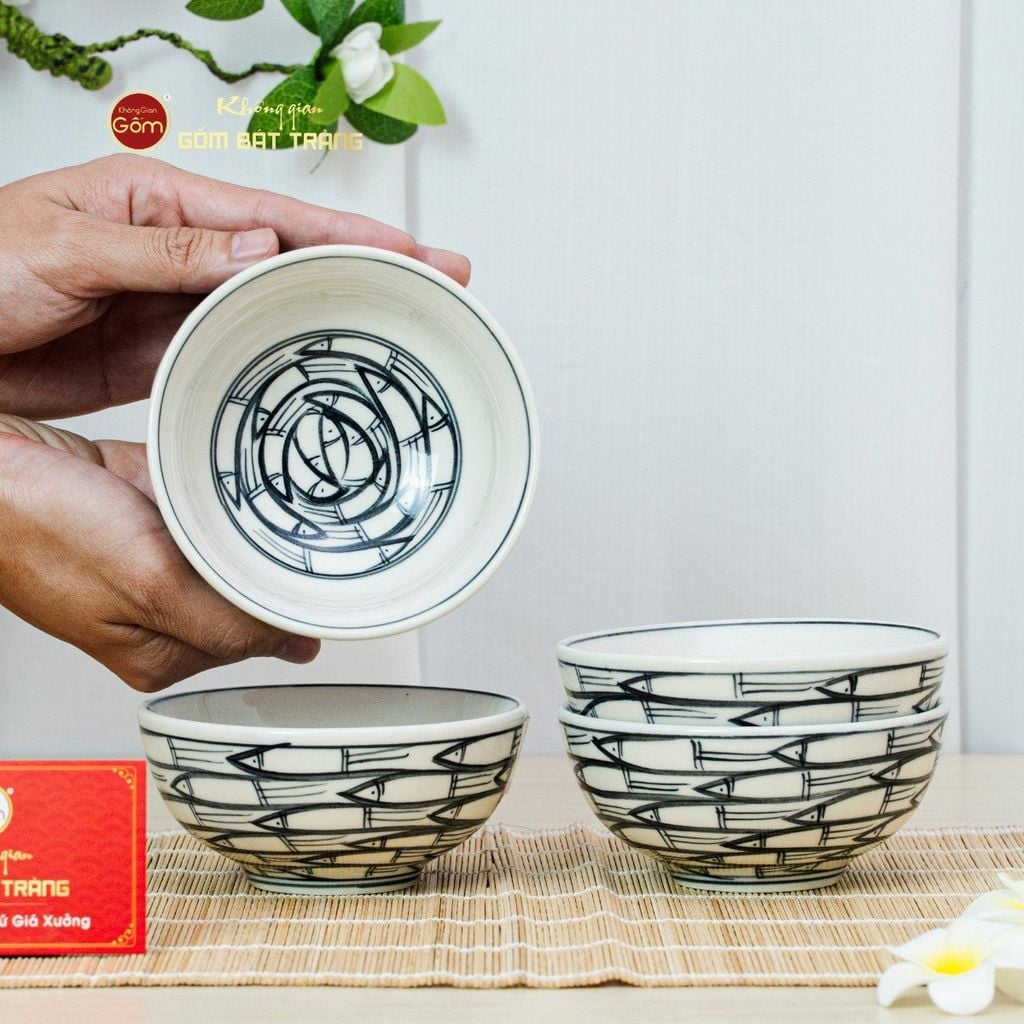 Bộ Bàn Ăn 4 Người (10 món) Men Trắng Vẽ Cá Đàn