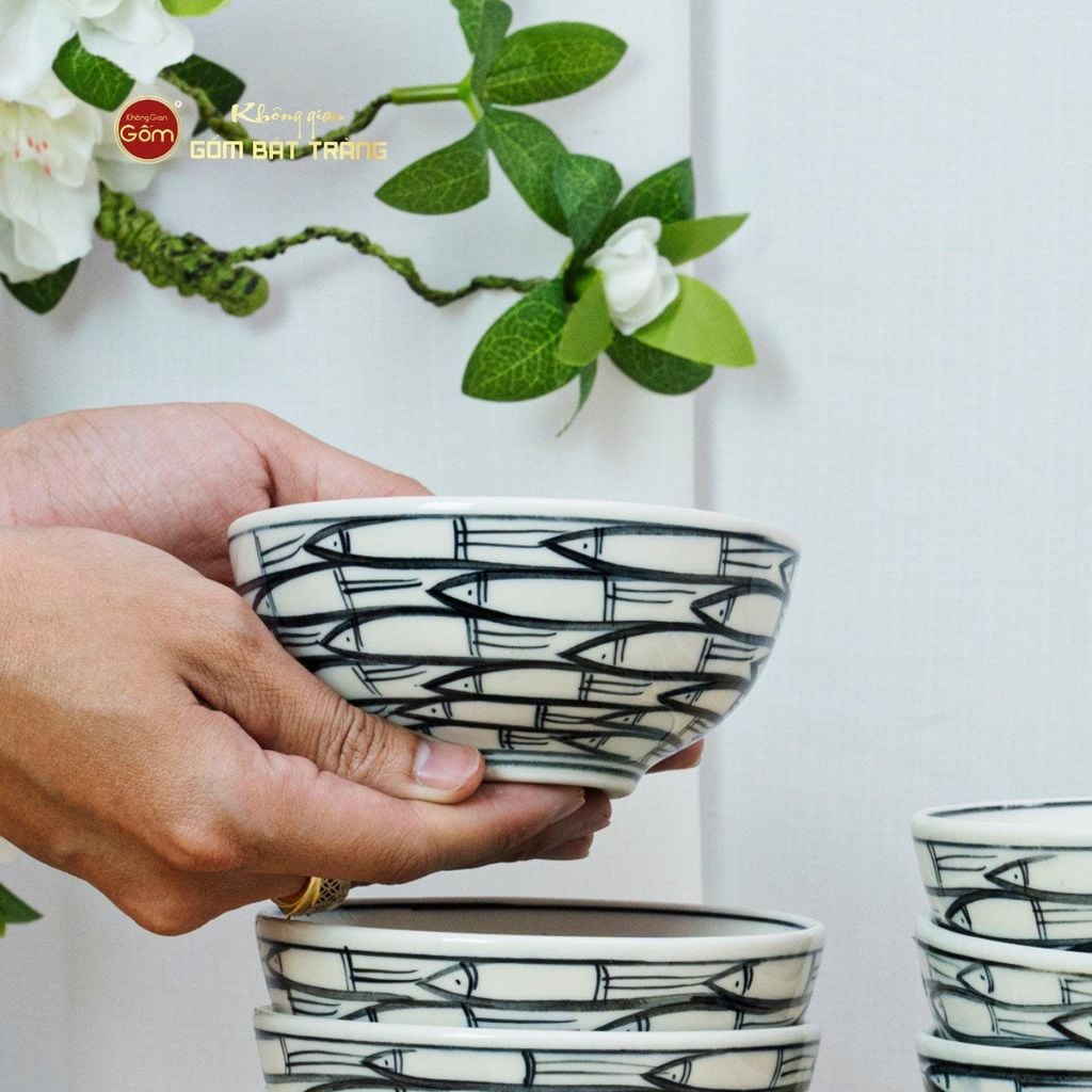 Bộ Bàn Ăn 6 Người (12 món) Men Trắng Vẽ Cá Đàn