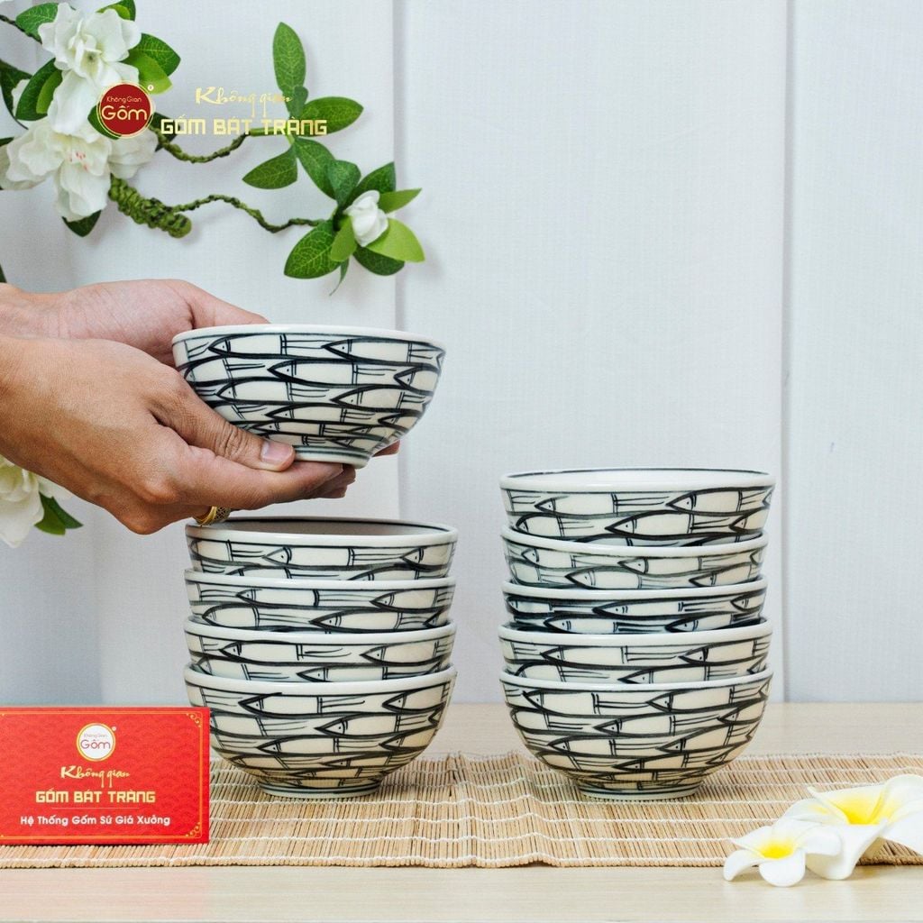 Bộ Bát Cơm Men Trắng Vẽ Cá Đàn