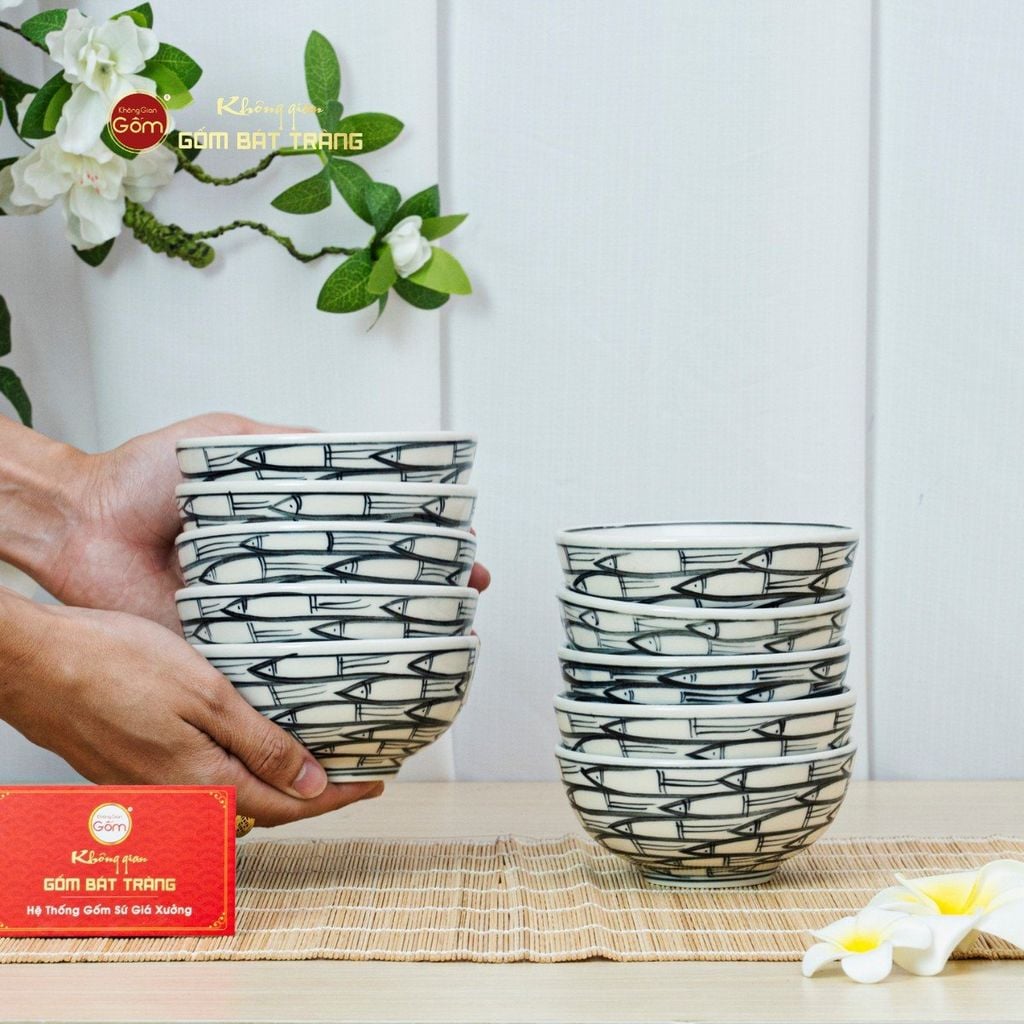 Bộ Bát Đĩa Bát Tràng Men Trắng Vẽ Cá Đàn