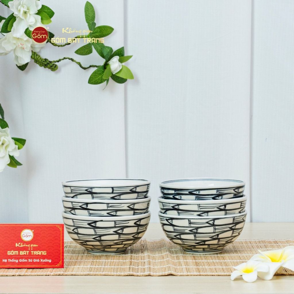 Bộ Bàn Ăn 6 Người (12 món) Men Trắng Vẽ Cá Đàn