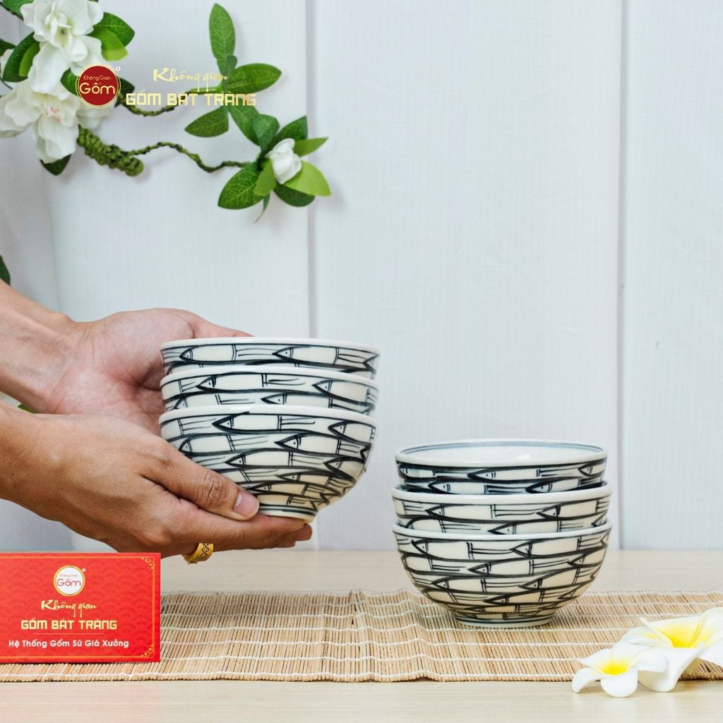 Bộ Bàn Ăn 6 Người (12 món) Men Trắng Vẽ Cá Đàn