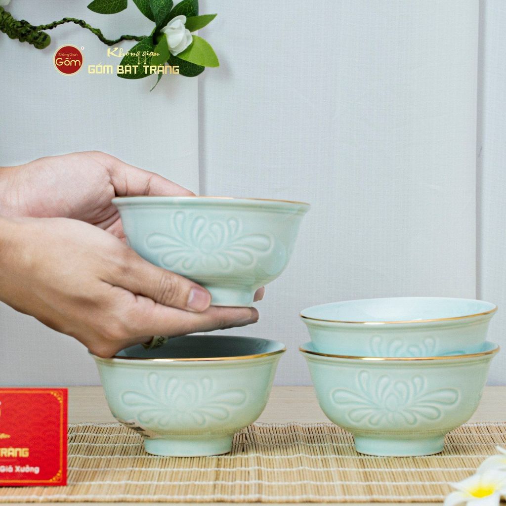 Bộ Bàn Ăn 4 Người (9 Món) Men Ngọc Vân Hoa Cúc Kẻ Vàng