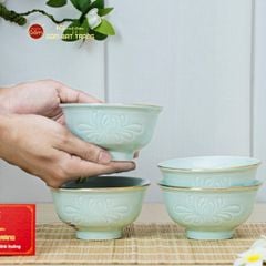 Bộ Bát Cơm Men Xanh Ngọc Hoa Cúc Kẻ Vàng