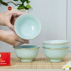 Bộ Bát Cơm Men Xanh Ngọc Hoa Cúc Kẻ Vàng