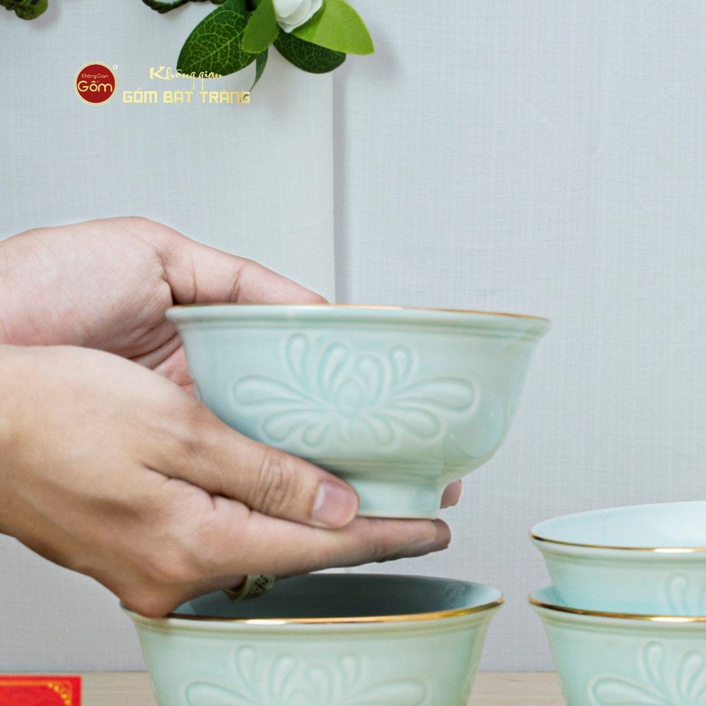 Bộ Bát Cơm Men Xanh Ngọc Hoa Cúc Kẻ Vàng